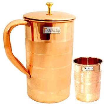 Copper Pitcher and 2 Tumbler Set, Pure Copper Jug, Handmade, 54 Ounce, Best for Water, Ayurveda, Moscow Mule, Cocktails