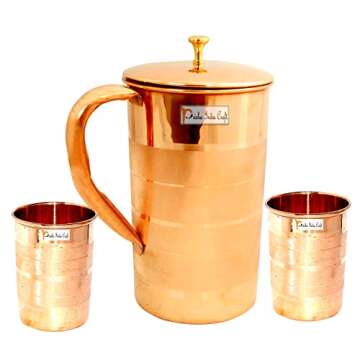 Copper Pitcher and 2 Tumbler Set, Pure Copper Jug, Handmade, 54 Ounce, Best for Water, Ayurveda, Moscow Mule, Cocktails