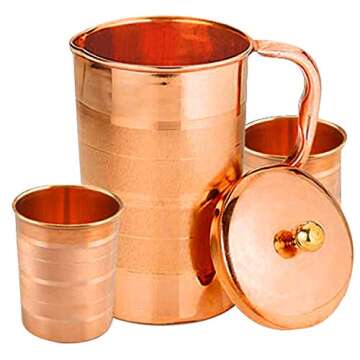 Copper Pitcher and 2 Tumbler Set, Pure Copper Jug, Handmade, 54 Ounce, Best for Water, Ayurveda, Moscow Mule, Cocktails