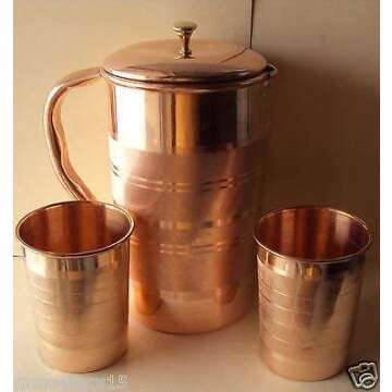 Copper Pitcher and 2 Tumbler Set, Pure Copper Jug, Handmade, 54 Ounce, Best for Water, Ayurveda, Moscow Mule, Cocktails