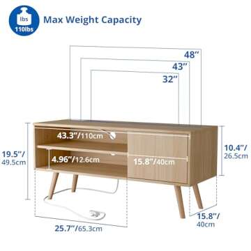 Cozy Castle TV Stand for 48 Inch TV, Mid Century Modern Entertainment Center with Storage Cabinet, TV Media Console with Charging Station for Living Room, Bedroom, Oak