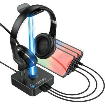 RGB Headphone Stand with USB Charger COZOO Desktop Gaming Headset Holder Hanger with 3 USB Charger and 2 Outlets - Suitable for Gaming, DJ, Wireless Earphone Display,Game Accessories Boyfriend Gifts