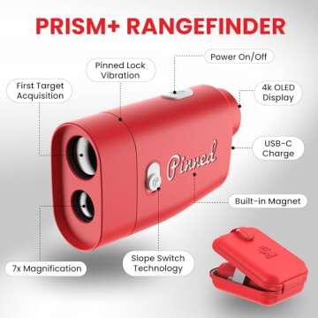 Pinned Prism+ Slope Golf Rangefinder | Golf Distance Measuring Device | USB Rechargeable Pinned Locked Vibration Laser Range Finder Golf | Golf Gift Idea, Golf Accessories for Men & Women, Red