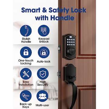 Keyless Entry Door Lock, Electronic Keypad Deadbolt with Handle, Auto Lock Front Door Handle Sets Easy to Install, 50 User Codes, Security Waterproof Smart Locks for Front Door, Home/Hotel Use