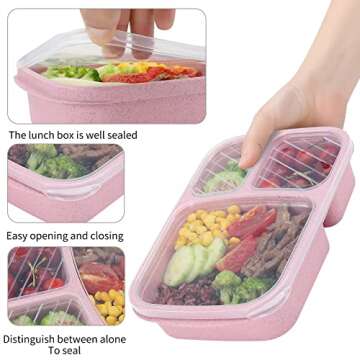 buluker 4 Pack Bento Lunch Box Set 3 Compartment Wheat Straw Meal Prep Food Storage Containers Plastic, Microwave and Dishwasher Safe (3 Compartment)