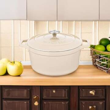 vancasso Cast Iron Dutch Oven, 6 QT Dutch Oven Pot with Lid and Dual Handles, Round Dutch Oven Cast Iron Pot with Non Stick Enamel Coating for Bread Baking, White Dutch Oven for Kitchen