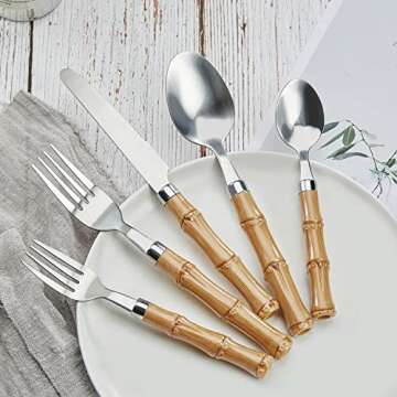 Bamboo Silverware set, Hoften Bamboo Utensils Set for 4, 20 Piece Bamboo Flatware Set, Great for Outdoor, Daily Use and Party, 20 Piece Stainless Steel Silverware Set Service for 4, Dishwasher Safe