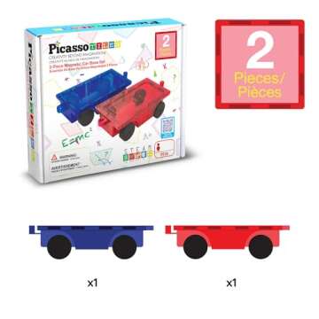 PicassoTiles 2 Piece Car Truck Construction Kit Toy Set Vehicle for Magnetic Blocks Building Tile Sensory Magnet Toys with Re-Enforced Hitch & Long Bed Educational Puzzle Girls Boys Toddlers Ages 3+