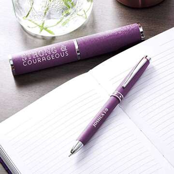 Christian Art Gifts Strong & Courageous Purple Stylish Classic Pen in Matching Gift Case - Joshua 1:9 Bible Verse Refillable Retractable Medium Ballpoint Pen for Journal Planner Writing Note