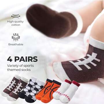 FANCYKIDS Unisex Baby Girls Boys Sports Themed Basketball Soccer Football Baseball Socks (Set of 4 Pairs) (0 to 6 Months)