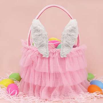 Bunny Chorus Tutu Easter Basket, Pink Ruffled Shining Tulle with Fluffy Bunny Ears, Easter Theme Party Favors Stuffers Gifts for Girls, Easter Egg Hanting Decorations Party Supplies