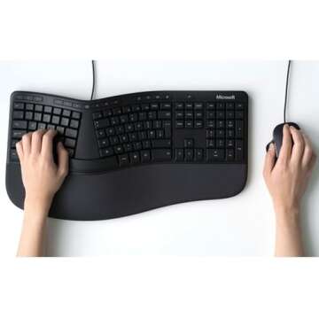 Microsoft Ergonomic Desktop - Black - Wired, Comfortable, Ergonomic Keyboard and Mouse Combo, with Cushioned Wrist and Palm Support. Split Keyboard. Dedicated Office Key.