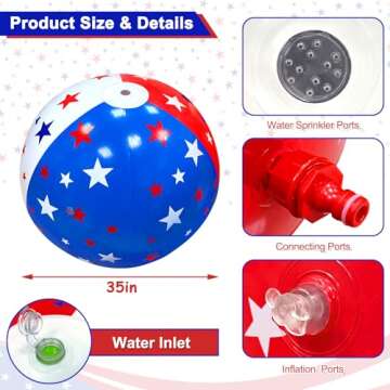 35" Inflatable Sprinkler for Kids 4th of July American Flag Star Jumbo Sprinkler Ball Water Toys for Kids Adults Outdoor Garden Backyard Summer Water Party 4th of July Party Games Activities