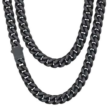 Mens Cuban Link Chain, Black Miami Cuban Chain Necklace for Men, 9mm Wide Hip Hop Mens Jewelry, 22"