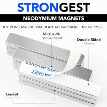 Powerful Neodymium Bar Magnets, Rare-Earth Metal Neodymium Magnet, N52, Incredibly Strong 33 LB Strength - 60 x 10 x 5 mm, Pack of 10