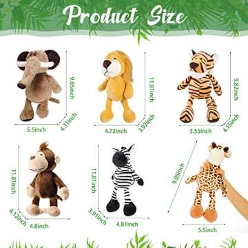 6 Pieces Safari Stuffed Animals Plush Jungle Animal Toys Set for Boys Girls, Lion Elephant Zebra Giraffe Tiger Monkey for Animal Themed Parties Student Award Christmas (Cute Style)