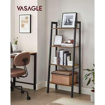 VASAGLE Ladder Shelf, 4-Tier Bookshelf, Storage Rack, Bookcase with Steel Frame, for Living Room, Home Office, Kitchen, Bedroom, Industrial Style, Rustic Brown and Black ULLS44X