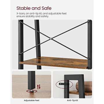 VASAGLE Ladder Shelf, 4-Tier Bookshelf, Storage Rack, Bookcase with Steel Frame, for Living Room, Home Office, Kitchen, Bedroom, Industrial Style, Rustic Brown and Black ULLS44X