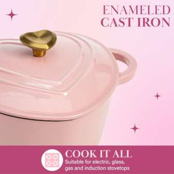 Paris Hilton Enameled Cast Iron Dutch Oven Heart-Shaped Pot with Lid, Dual Handles, Works on All Stovetops, Oven Safe to 500°F, 2-Quart, Pink