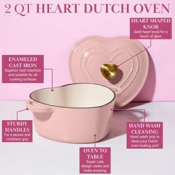 Paris Hilton Enameled Cast Iron Dutch Oven Heart-Shaped Pot with Lid, Dual Handles, Works on All Stovetops, Oven Safe to 500°F, 2-Quart, Pink