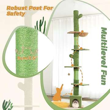 Meow Sir Floor to Ceiling Cat Tree Ajustable Height [82-108 Inches=208-275cm] 6 Tiers Tower Fit for 7-9 Feet Ceiling with Cat Condo Hammock and Sisal Covered Post for Indoor Cats-Green Cactus