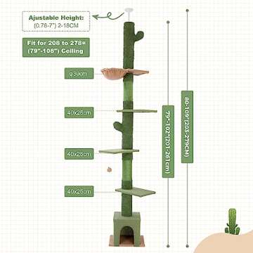 Meow Sir Floor to Ceiling Cat Tree Ajustable Height [82-108 Inches=208-275cm] 6 Tiers Tower Fit for 7-9 Feet Ceiling with Cat Condo Hammock and Sisal Covered Post for Indoor Cats-Green Cactus