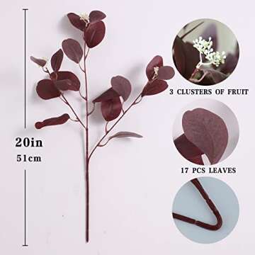 Rosscer 12Pcs Artificial Eucalyptus Stems, 20" Fake Silk Eucalyptu Leaves with Berries, Greenery Plants Floral Decorations for Boho Home Decor Flowers Arrangement Vase Party Wedding (Burgundy)