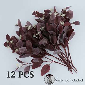 Rosscer 12Pcs Artificial Eucalyptus Stems, 20" Fake Silk Eucalyptu Leaves with Berries, Greenery Plants Floral Decorations for Boho Home Decor Flowers Arrangement Vase Party Wedding (Burgundy)