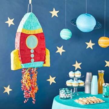 BLUE PANDA - Pull String Rocket Ship Pinata - Outer Space Party Decorations for Astronaut Themed Birthday (Small, 16.5 x 12.5 x 3 in)