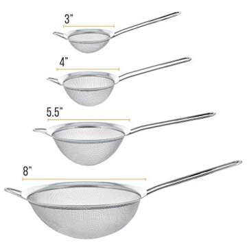 U.S. Kitchen Supply - Set of 4 Premium Quality Fine Mesh Stainless Steel Strainers - 3", 4", 5.5" and 8" Sizes - Sift, Strain, Drain and Rinse Vegetables, Pastas & Tea