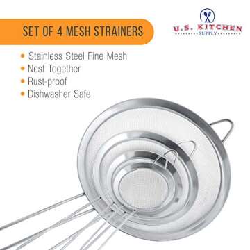 U.S. Kitchen Supply - Set of 4 Premium Quality Fine Mesh Stainless Steel Strainers - 3", 4", 5.5" and 8" Sizes - Sift, Strain, Drain and Rinse Vegetables, Pastas & Tea