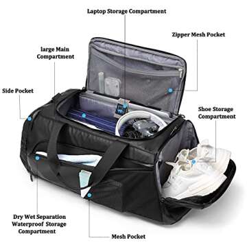 Gym Duffle Bag Waterproof Sports Duffel Bags Travel Weekender Bag for Men Women Overnight Bag with Shoes Compartment Black