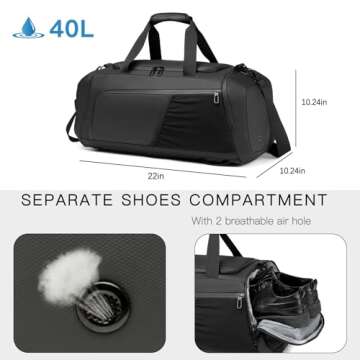 Gym Duffle Bag Waterproof Sports Duffel Bags Travel Weekender Bag for Men Women Overnight Bag with Shoes Compartment Black