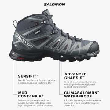 Salomon Women's X ULTRA PIONEER MID CLIMASALOMON™ WATERPROOF Hiking Boots for Women, Ebony / Stormy Weather / Wine Tasting, 8