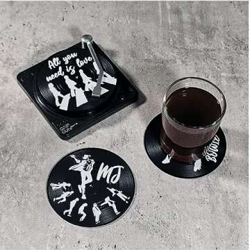 Funny Retro Vinyl Record Coasters, Creative Drink Coasters Set of 6 with Vinyl Record Player Holder for Music Lovers, Housewarming Hostess Gifts, Birthday and White Elephant Gifts Ideas