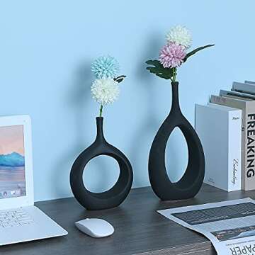 SANFERGE Set of 2 Black Ceramic Flower Vase, Hollow Oval Vase for Home Décor Office Decoration, Modern Geometric Vases Figurines Ornament for Living Room Bedroom Dining Table