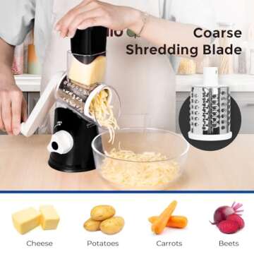 X Home Rotary Cheese Grater, Manual Cheese Grater with Handle, Mandoline Vegetables Slicer Cheese Shredder with Strong Suction Base, 3 Drum Blades Cheese Shredder Included, Black