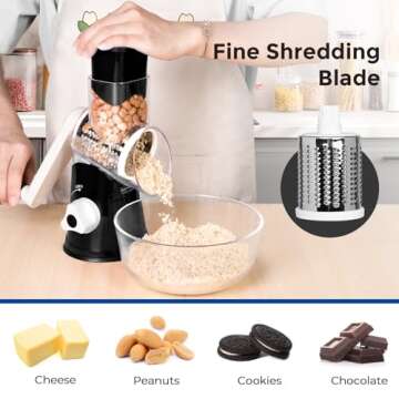 X Home Rotary Cheese Grater, Manual Cheese Grater with Handle, Mandoline Vegetables Slicer Cheese Shredder with Strong Suction Base, 3 Drum Blades Cheese Shredder Included, Black