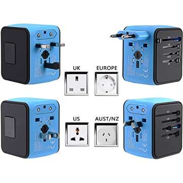 International Travel Adapter Universal Power Adapter Worldwide All in One 4 USB Perfect for European US, EU, UK, AU 160 Countries (Blue)