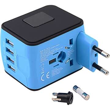 International Travel Adapter Universal Power Adapter Worldwide All in One 4 USB Perfect for European US, EU, UK, AU 160 Countries (Blue)