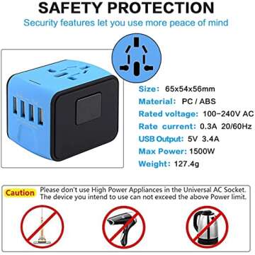 International Travel Adapter Universal Power Adapter Worldwide All in One 4 USB Perfect for European US, EU, UK, AU 160 Countries (Blue)