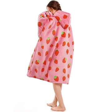 Narecte Oversized Blanket Hoodie Blanket for Women,Wearable Blanket Adult Giant Hoodie Cozy Sweatshirt Kawaii Stuff,Birthday Gifts for Women, for Sister,Teen Girl Gifts Strawberry