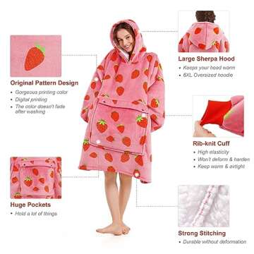 Narecte Oversized Blanket Hoodie Blanket for Women,Wearable Blanket Adult Giant Hoodie Cozy Sweatshirt Kawaii Stuff,Birthday Gifts for Women, for Sister,Teen Girl Gifts Strawberry