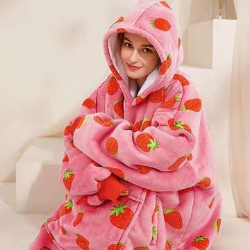 Narecte Oversized Blanket Hoodie Blanket for Women,Wearable Blanket Adult Giant Hoodie Cozy Sweatshirt Kawaii Stuff,Birthday Gifts for Women, for Sister,Teen Girl Gifts Strawberry