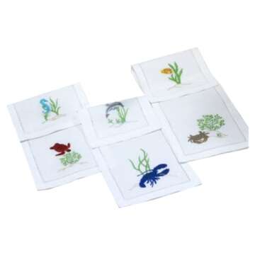 QUANG THANH EMBROIDERY - Set of 6 Embroidered Mix Cocktail Napkins with Sea Animals Design, Eco Friendly Napkins, Cotton Beverage Napkins for Dinner, Gatherings, Events, Holidays, Daily Use – 6 x 9’’.