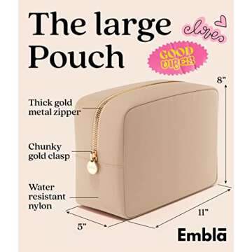 Embla Makeup Bag Travel Cosmetics Pouch and Toiletry Bag, Nylon Zipper Pouch Purse, Cute Make Up Organizer Storage Tote for Women Girls, Waterproof Travel Skincare Case, Large Makeup Bags, Sand