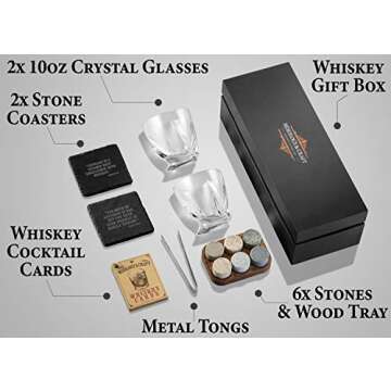 Mixology & Craft Whiskey Glasses Stones Gift Set for Men | Whiskey Glass and Stones Set with a Classy Gift Box and 6 Granite Round Whiskey Stones |, Dad, Husband, Boyfriend