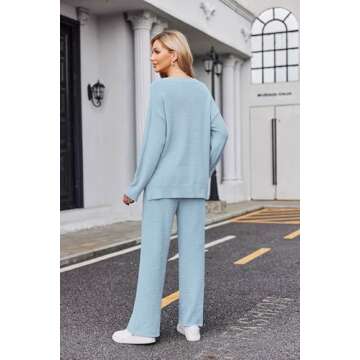 Ekouaer Pajamas for Women 2 Piece Lounge Set Fuzzy Fleece Long Sleeve Pullover Sweater Top Wide Leg Pants Set Outfits Baby Blue,Small