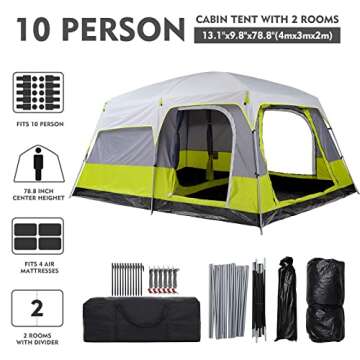 Wolf Walker 10 Person Tent Family Cabin Tent for Camping 2 Rooms with Vestibule-Double Layer Waterproof Camping Tent with Ventilted Mesh Windows for Outdoor Picnic Friends Gathering