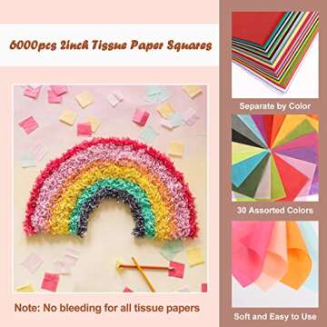 Outuxed 6000pcs 2inch Tissue Paper Squares, 30 Assorted Colors Rainbow Craft Paper Mosaic Squares for Arts Craft DIY Scrapbooking Classroom Activities Birthday Wedding Celebration Confetti Decoration